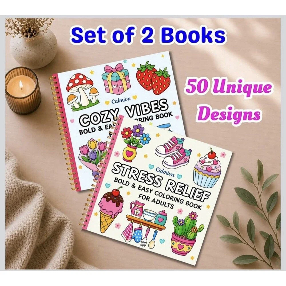 Set of 2 Bold & Easy Adult Coloring Books Entitled: Cozy Vibes & Stress Relief